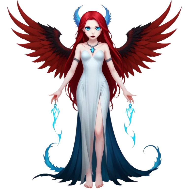 full body portrait of an extremely diabolical girl with pale white skin, massive towering wings, very long flowing blood red hair, glowing blue eyes, black hellfire aura, completely plain head with no accessories or features except hair, evil grin, no necklace emoji