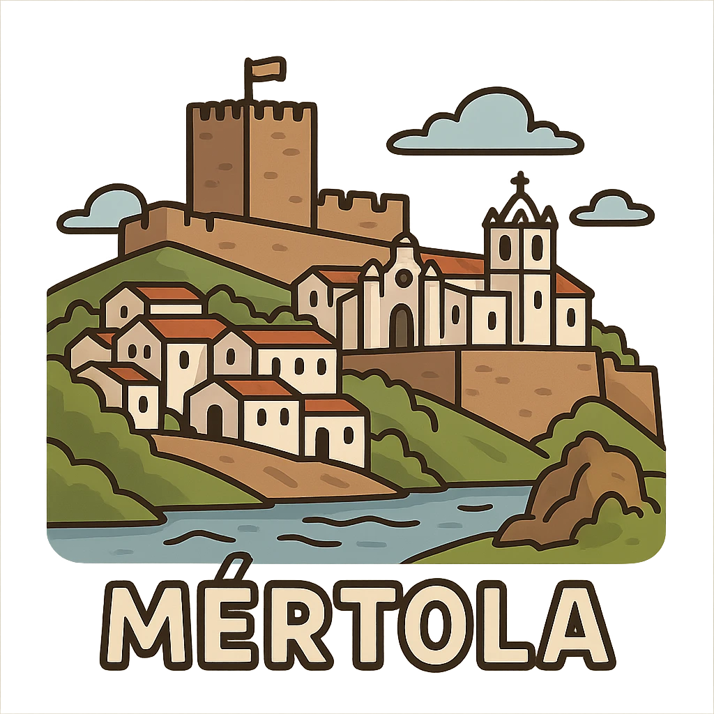 flat toon style icon of Mértola with castle and river emoji