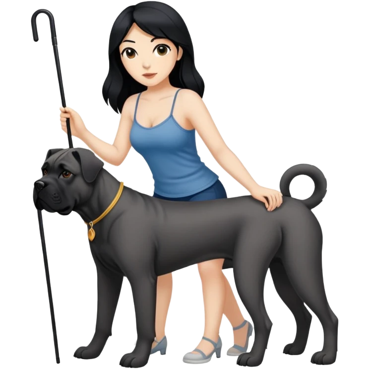 Woman with long black hair wearing spaghetti strap top holding a black Cane Corso dog with cropped ears and short tail emoji