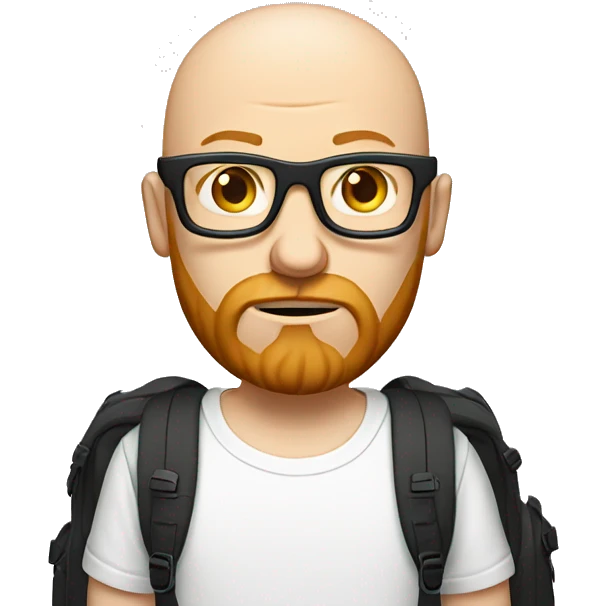 bald man with ginger beard and black thin glasses, sad face, white t-shirt, backpack with camera on his shoulder emoji
