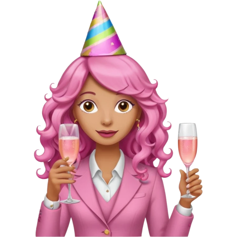 One lady with long pink curled hair and tan skin holding a glass of  pink champagne in each hand emoji