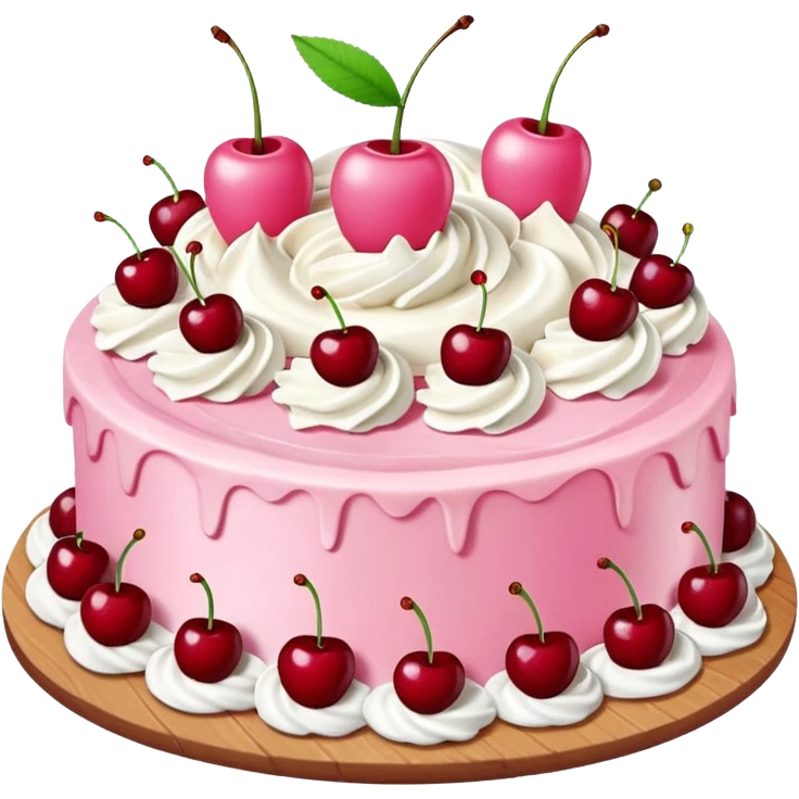 Round pink frosted cake with textured buttercream sides, placed on a plate cake board.
White whipped cream swirls on top, each topped with glossy red cherries with stems, clean studio lighting, isolated background, realistic minimal smooth emoji-style. emoji