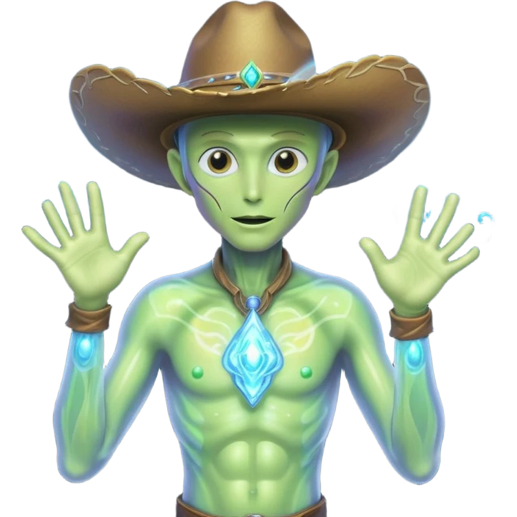Portrait of an energy-based alien cowboy, translucent glowing body made of swirling light, holographic cowboy hat, sparks of energy floating around, dark background, cinematic lighting, ultra detailed sci-fi portrait
 emoji