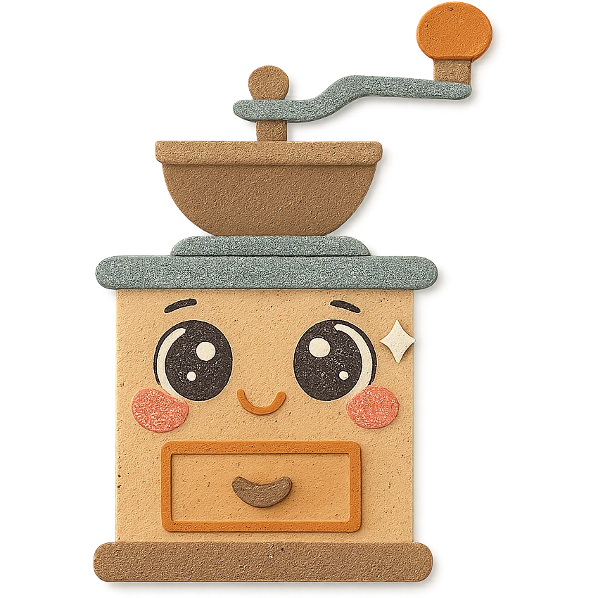 vintage coffee grinder, full body, big sparkling eyes, hand-drawn soft pastel style emoji