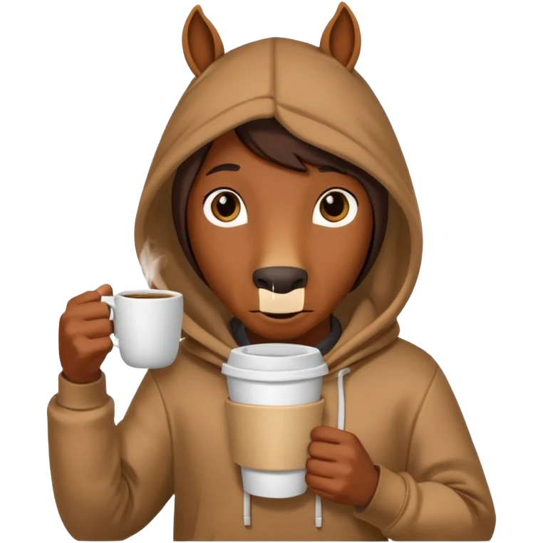 horse with hoodie character holding coffee emoji