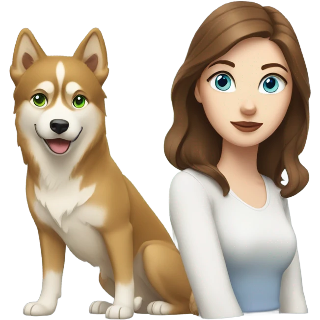 White Woman hair brown and bleus eyes and golden Husky With green eyes emoji