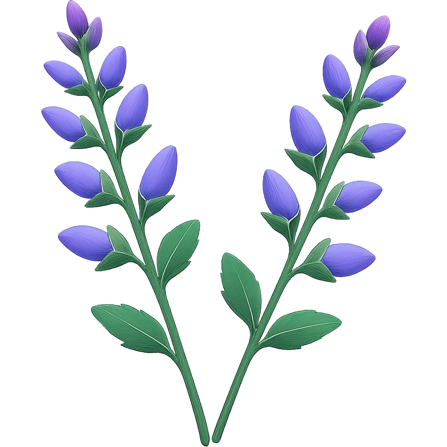 Remove the plant pot, make the clary sage plant shorter, and remove the larger leaves at the bottom. Keep the purple and blue colors. No background. The style should remain consistent with the original image. emoji