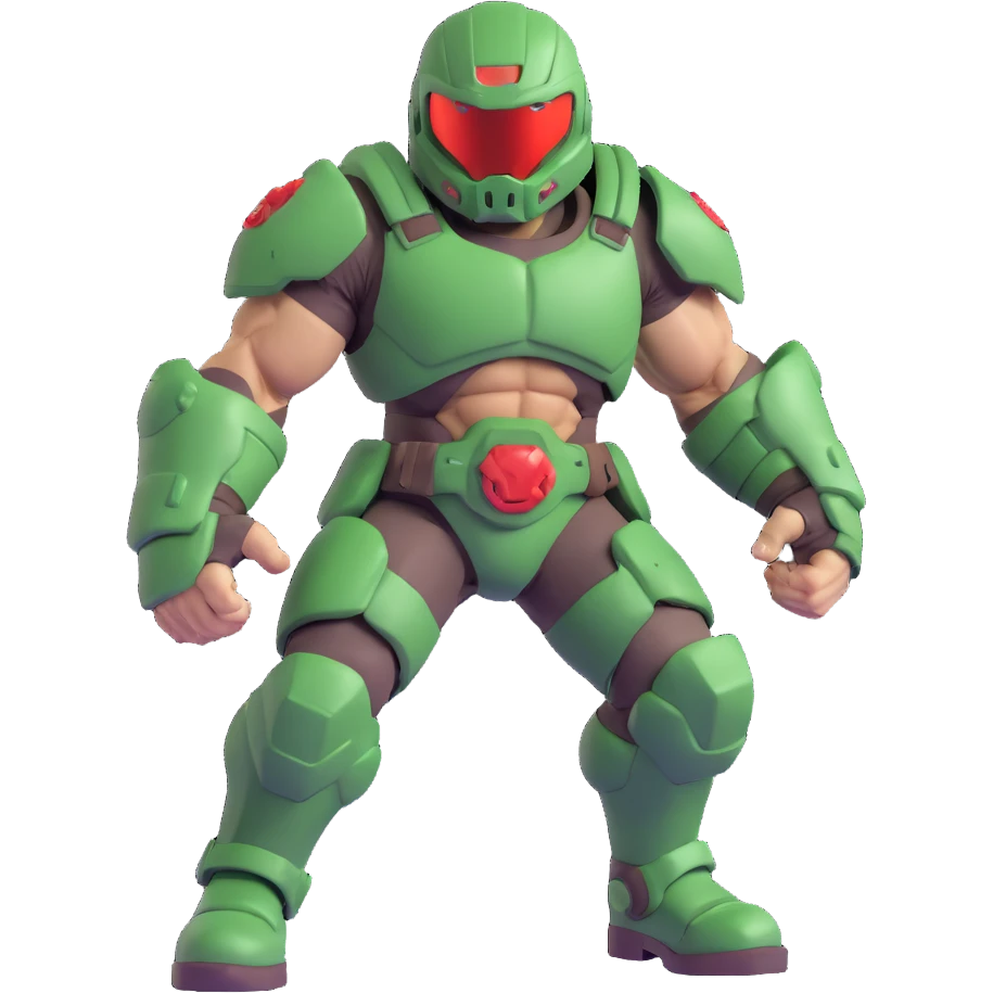 doom guy, iconic green armor, helmet, muscular, action pose, video game character emoji