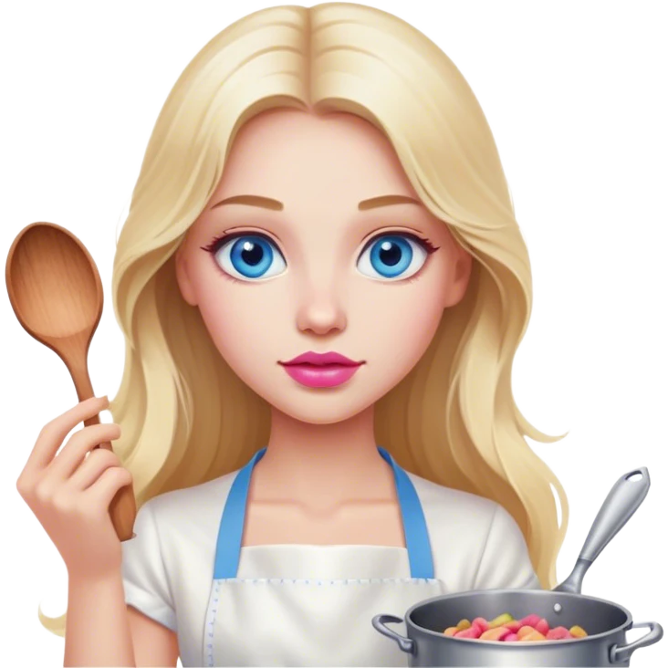 Cinematic realistic beautiful blonde with long hair, blue eyes and pink lips in a white dress cooks emoji