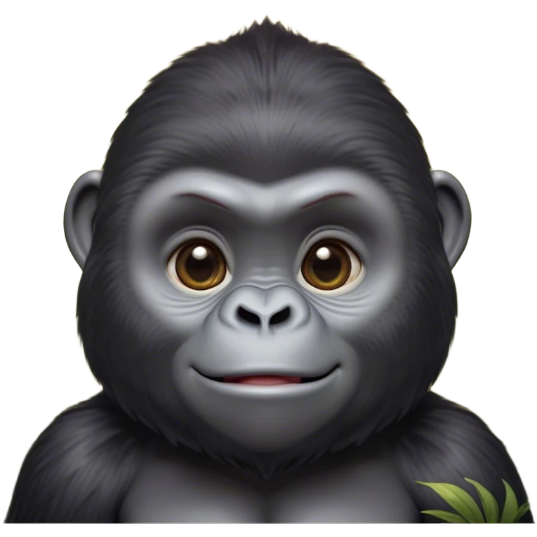 Cinematic Cute Gorilla Portrait Emoji, Head tilted playfully and inquisitively, with a robust, endearingly soft face accented by tender fur and round, sparkling eyes full of warmth, Simplified yet irresistibly adorable features, highly detailed, glowing with a warm, friendly jungle glow, high shine, affectionate and lively, stylized with a touch of whimsical charm, soft glowing outline, capturing the essence of a mischievous yet loving gorilla that feels like it could lumber out of the screen into your arms! emoji