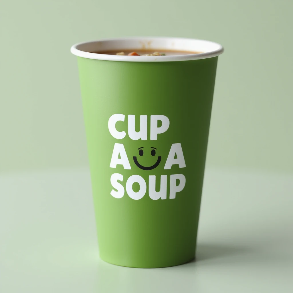 photorealistic green cup with the Cup A Soup logo, clear branding, simple background emoji