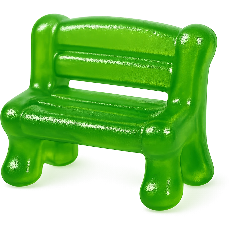 a green gummy candy shaped like a bench, shiny and translucent, playful and cute, candy texture, soft and bouncy appearance, whimsical with a translucent jelly effect emoji