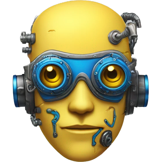 Yellow skin cyborg head with blue steampunk goggles emoji