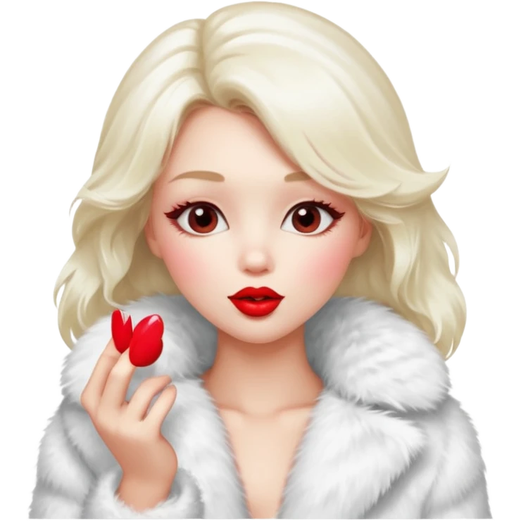 A beautiful, cute girl with red lipstick on her lips is posing for a photo in a white fur coat, and she's seen in full view, blowing a kiss. emoji