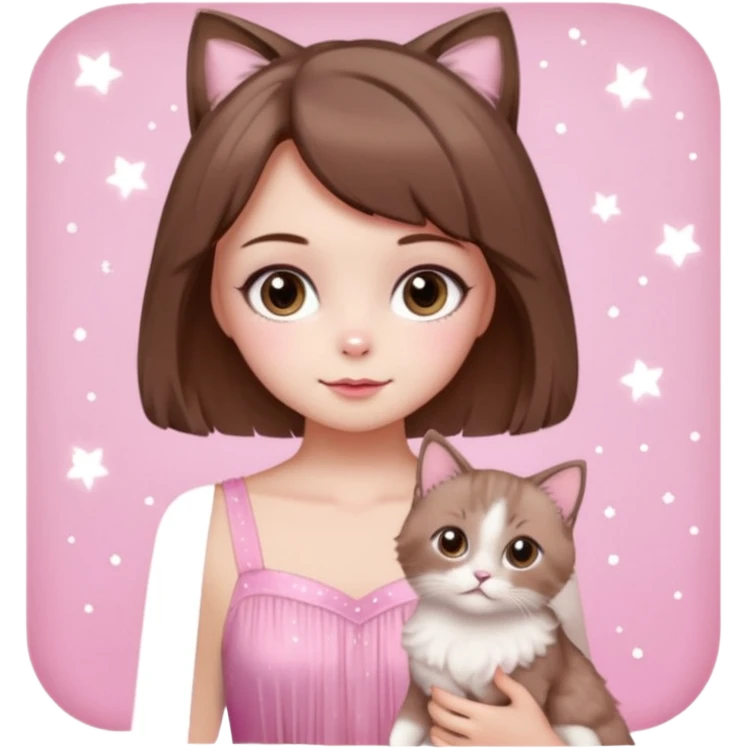 cute girl with short brown hair, soft girl makeup, sparkles, two light brown ragdoll cats, pink dreamy setting emoji