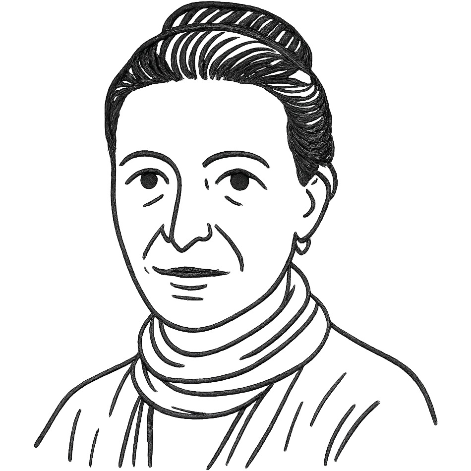 a hand drawn black outline portrait of philosopher Simone de Beauvoir with similar-sized eyes based a famous photograph of her emoji