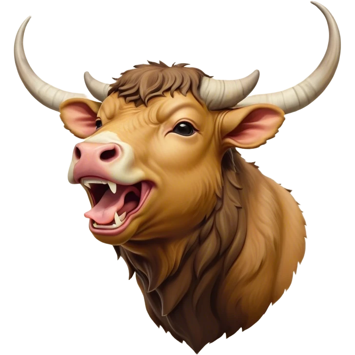 Cinematic Cute Yawning Domestic Ox Portrait Emoji, Head tilted slightly with a dramatic, wide-open yawn, showcasing a soft, textured hide with drooping horns and half-closed, drowsy eyes, Simplified yet irresistibly adorable features, highly detailed, glowing with a soft, cozy natural glow, high shine, relaxed yet expressive, stylized with a dash of pastoral whimsy, soft glowing outline, capturing the essence of a sleepy yet affectionate ox that seems ready to stretch out for a nap! emoji