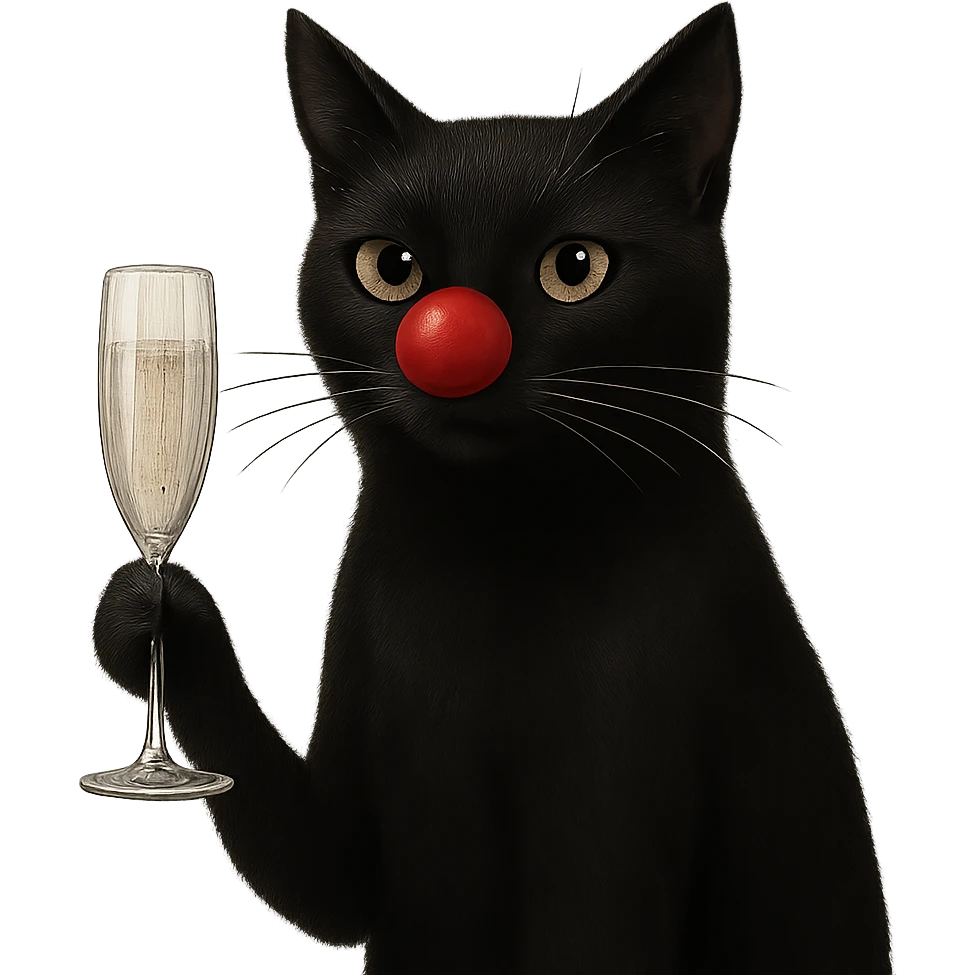 black cat with a red clown nose holding a glass of champagne, elegant and whimsical emoji
