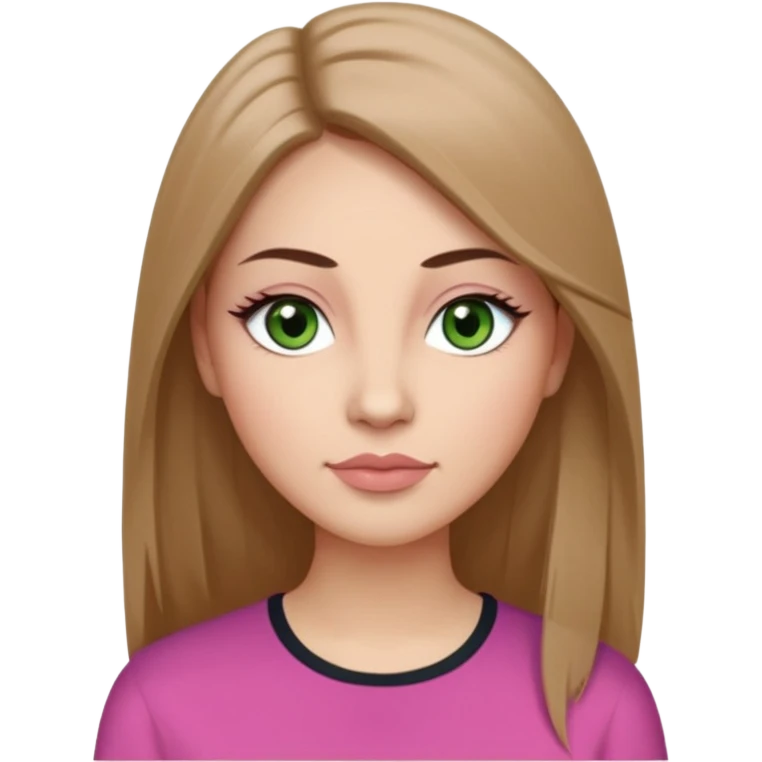 Adult woman avatar, light skin tone, oval face, long straight brown hair, green almond-shaped eyes with dramatic eyelashes and minimal eyeliner, neutral mouth, medium straight eyebrows, small nose, natural pink lips, smooth skin with light natural blush emoji
