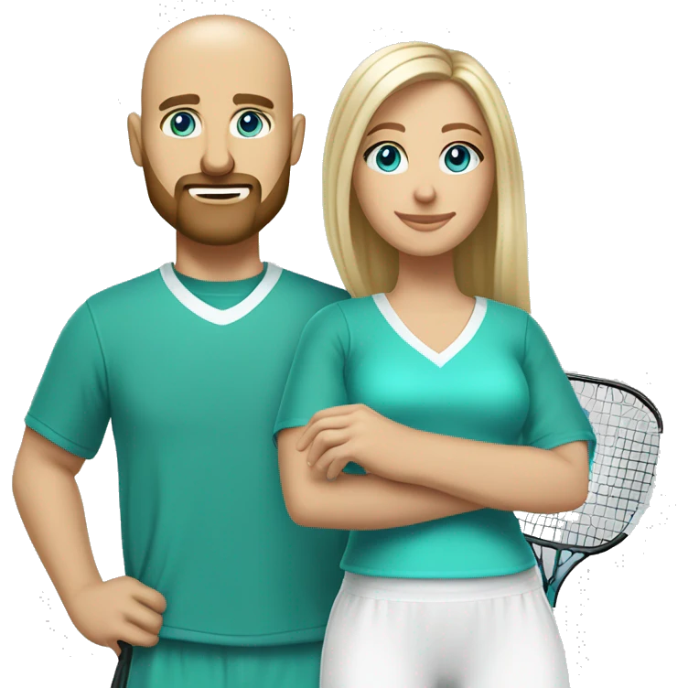 Same image but White couple. Male bald with beard. Aqua eyes. Woman long blonde brown highlight hair. 35. Aqua eyes. In pickleball clothes  emoji