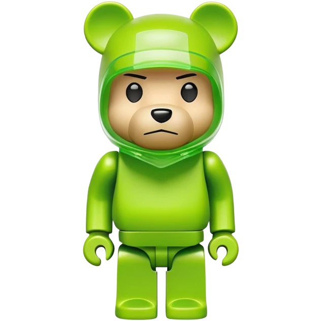 classic bearbrick toy figure with cubic head, wearing a lime green balaclava with clear aggressive eyebrows, blocky bear design not monkey emoji