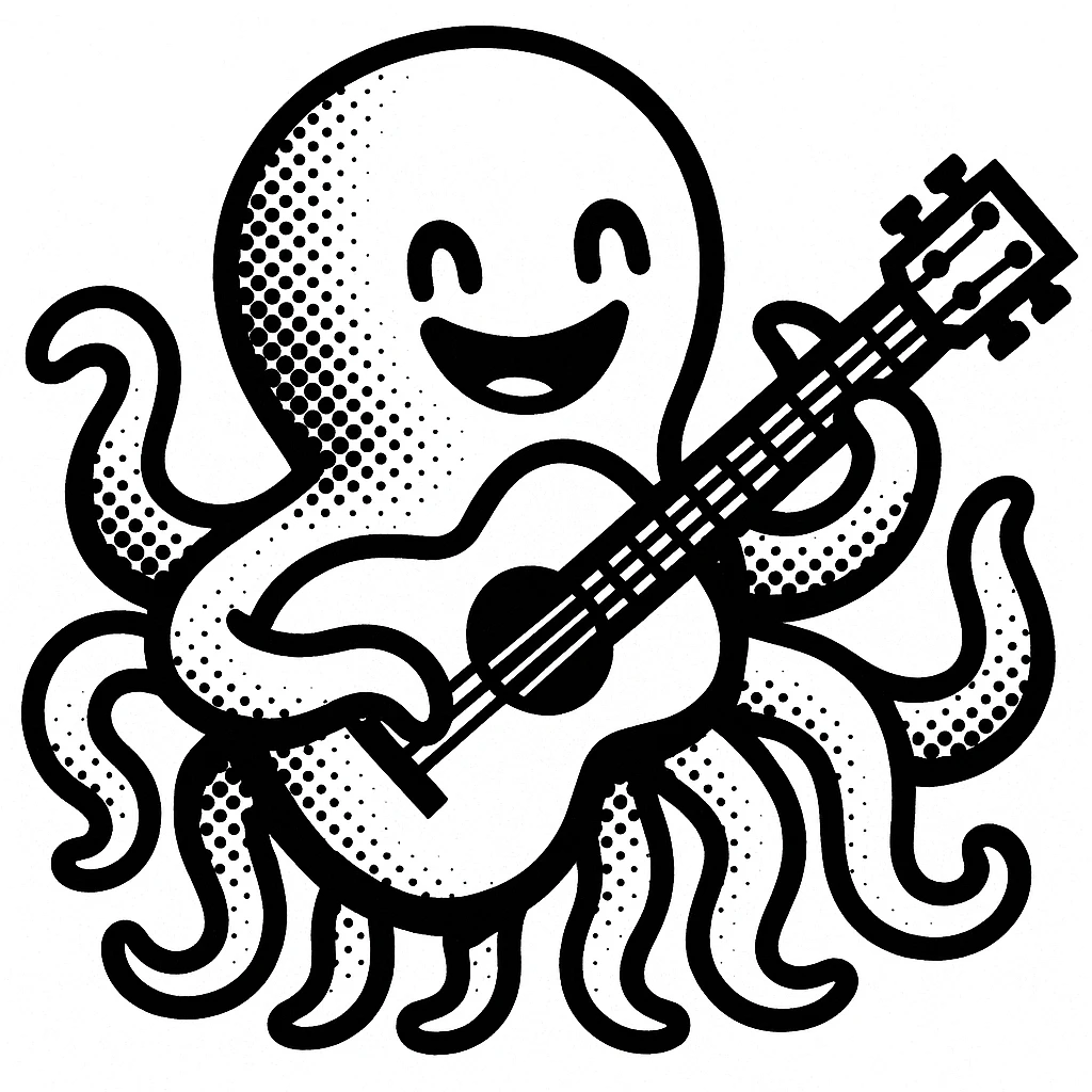 happy octopus with multiple arms playing guitar emoji