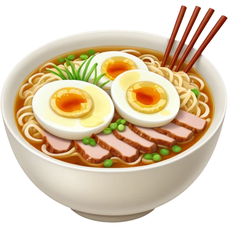 Create a realistic ramen bowl with broth, egg, pork slices & toppings. emoji
