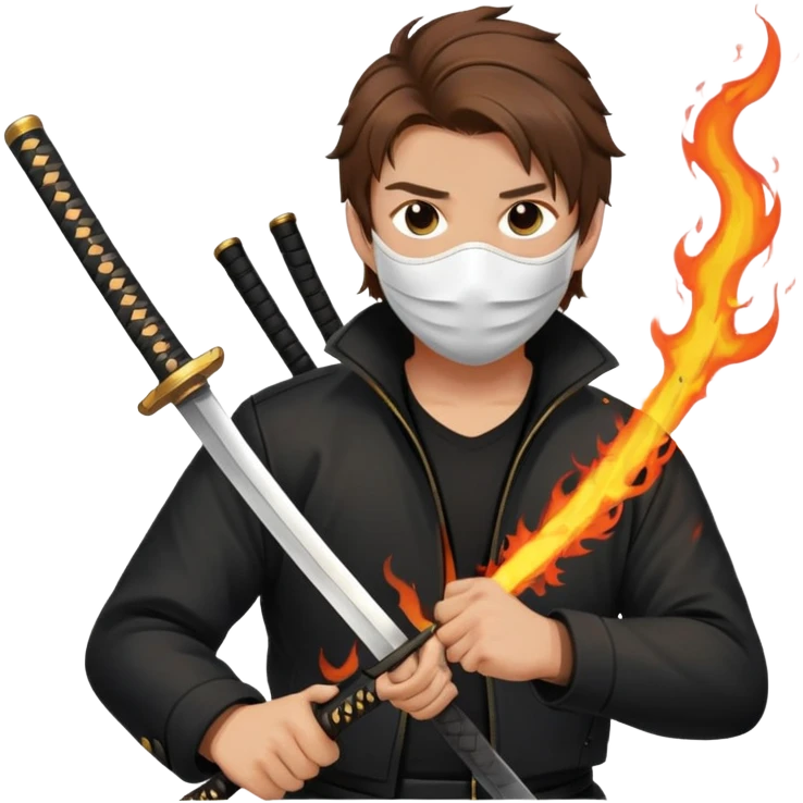 El personaje tiene que ser hombre cabello castaño un tapaboca una chaqueta negra el fondo blanco y una katana llena de fuego emoji