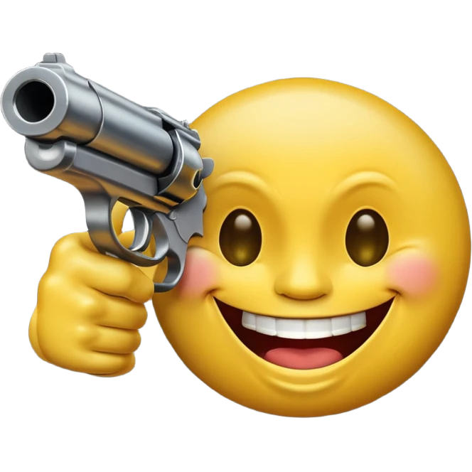 Yellow laughing face pointing gun at its own mount. The barrel of the gun is pointed towards the smile into the mouth. The back of the gun faces the viewer emoji