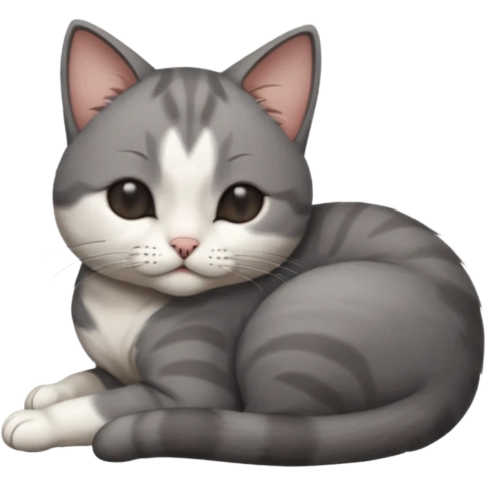 dark grey and white small cat with his eyes closed leaning his head on his paw while leaning on his elbow lying down emoji