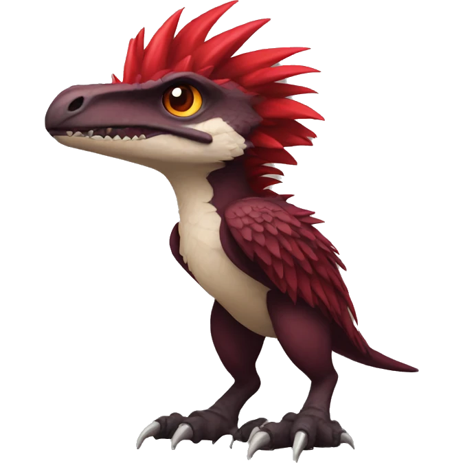 Cool edgy Maroon-colored raptor with bright-red spiky mane full body emoji