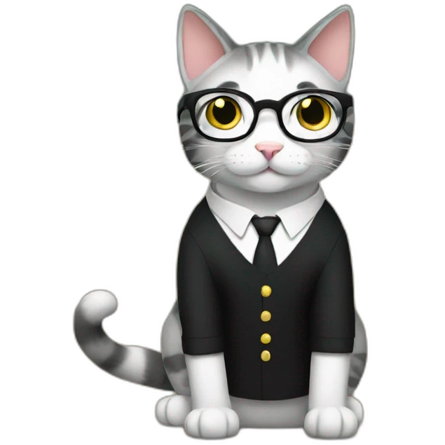 a cat teacher sit in a classroom with glasses and black dress emoji