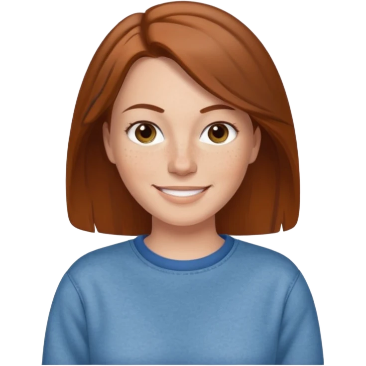 A 38 year old white woman with brown hair and freckles wearing a sweatshirt and jeans smiling emoji