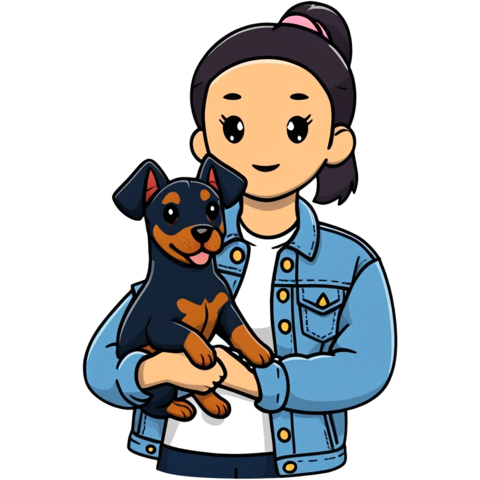 girl in denim jacket holding a Doberman dog emoji