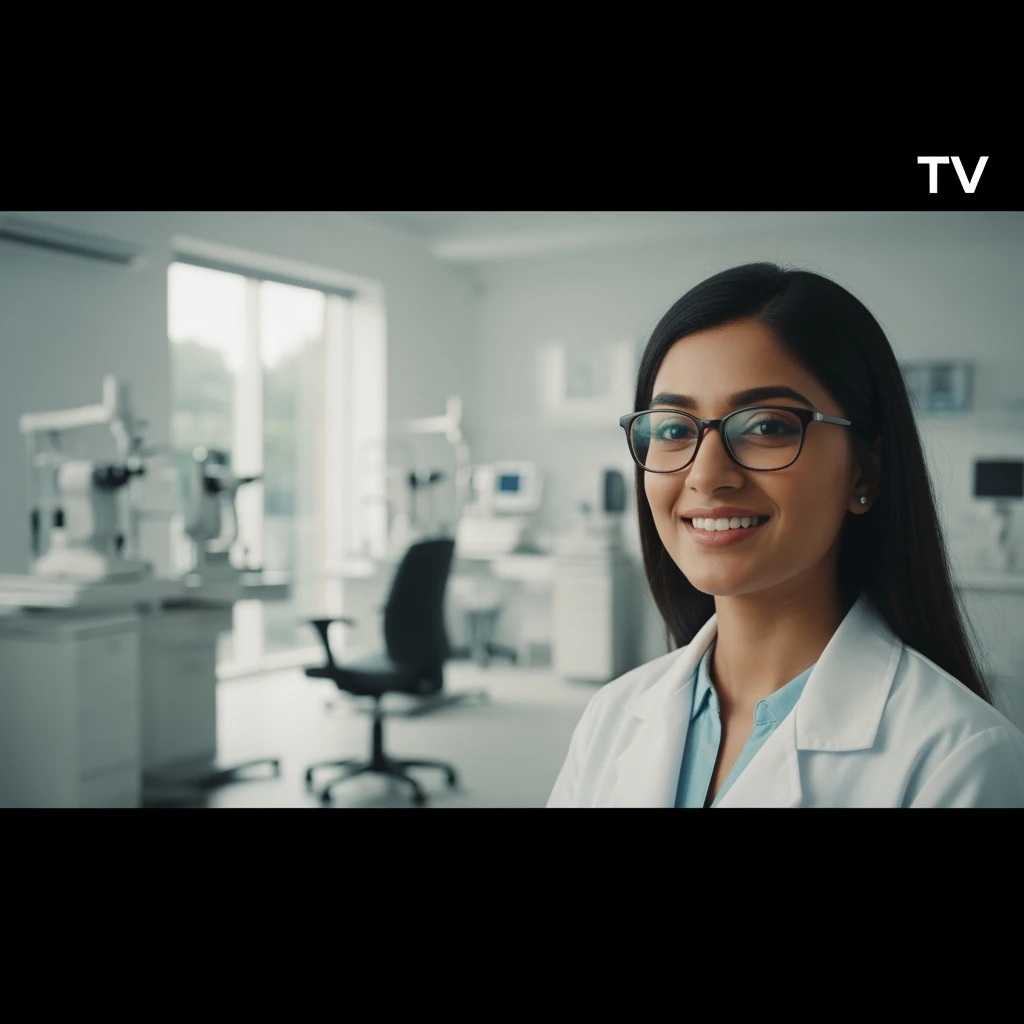 TV Advertising of a smiling woman with glasses smiling, minimalistic ophthalmologist interior in background, leading  lines, rule of thirds emoji