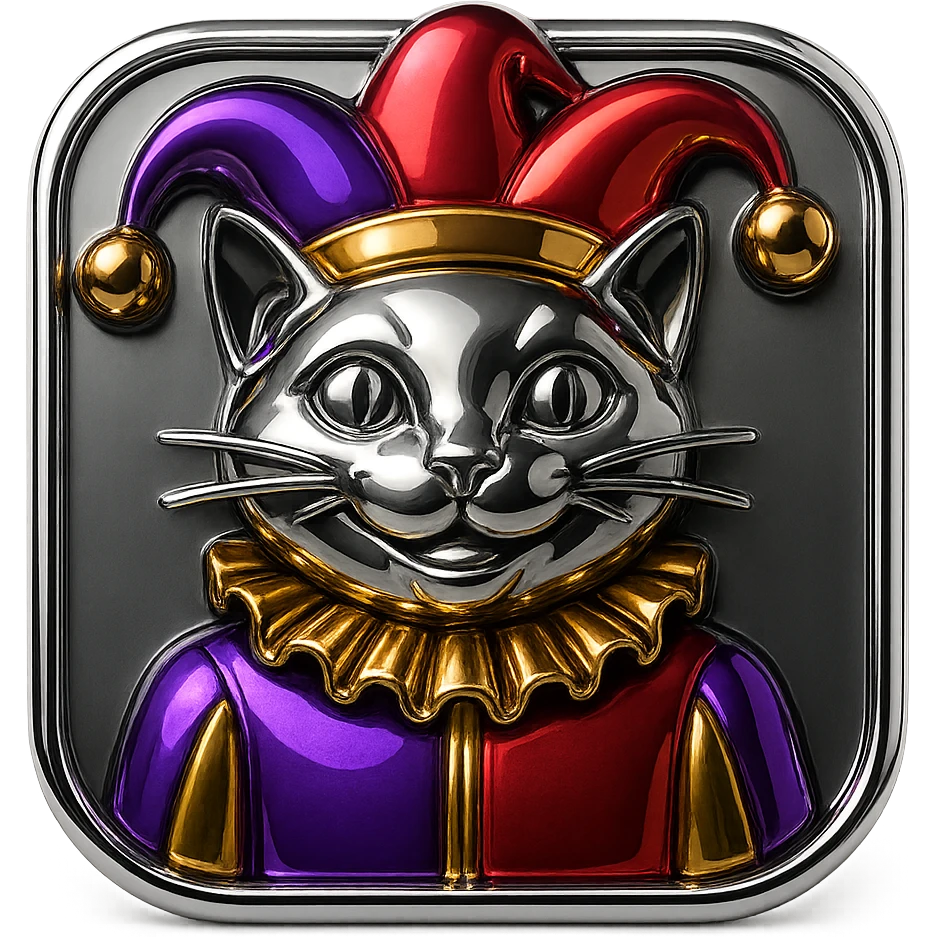 crazy colorful cute little cat jolly joker from poker, medieval, vintage, court jester, mac os icon, purple, gold and red color, half body. Squared shape as 3D mac os icon, symmetrical emoji