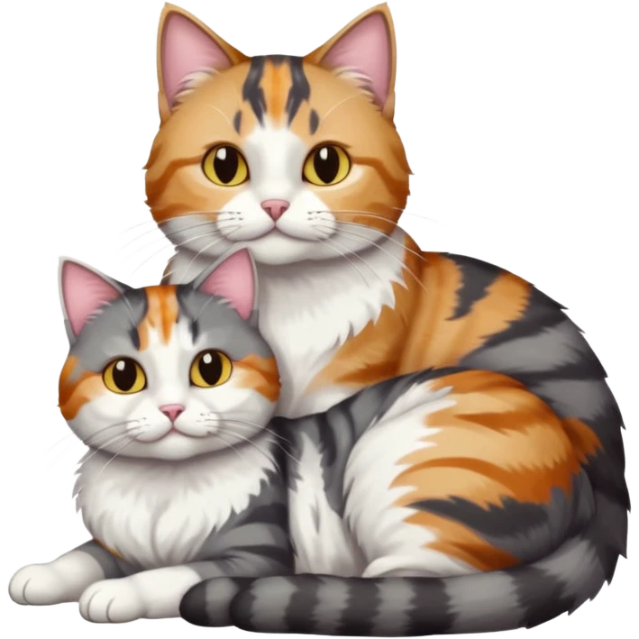 full body colourful light patched calico + white tabby cat cuddling a large dark grey and white tabby cat  emoji