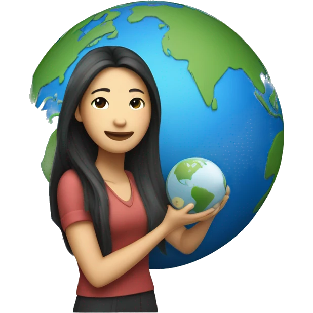 A long-haired Asian woman holding a universal studio globe emoji
