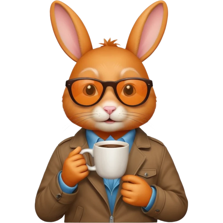 Orange rabbit, wearing brown jacket, sunglasses, holding coffee mug emoji