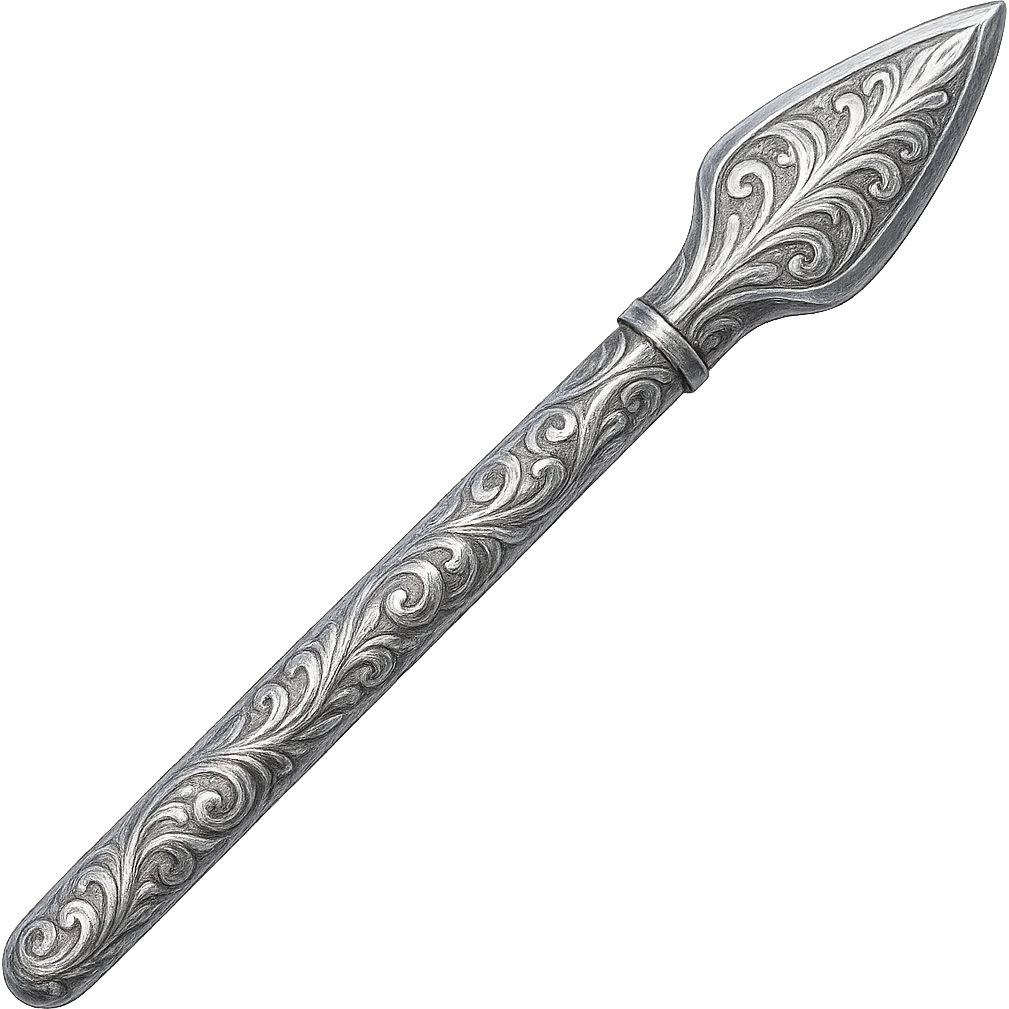 Engrave this steel spear with elegant silver engravings, keep it crisp, shiny, and slightly fancier than iron, realistic metallic steel, emoji style. Transparent background. emoji