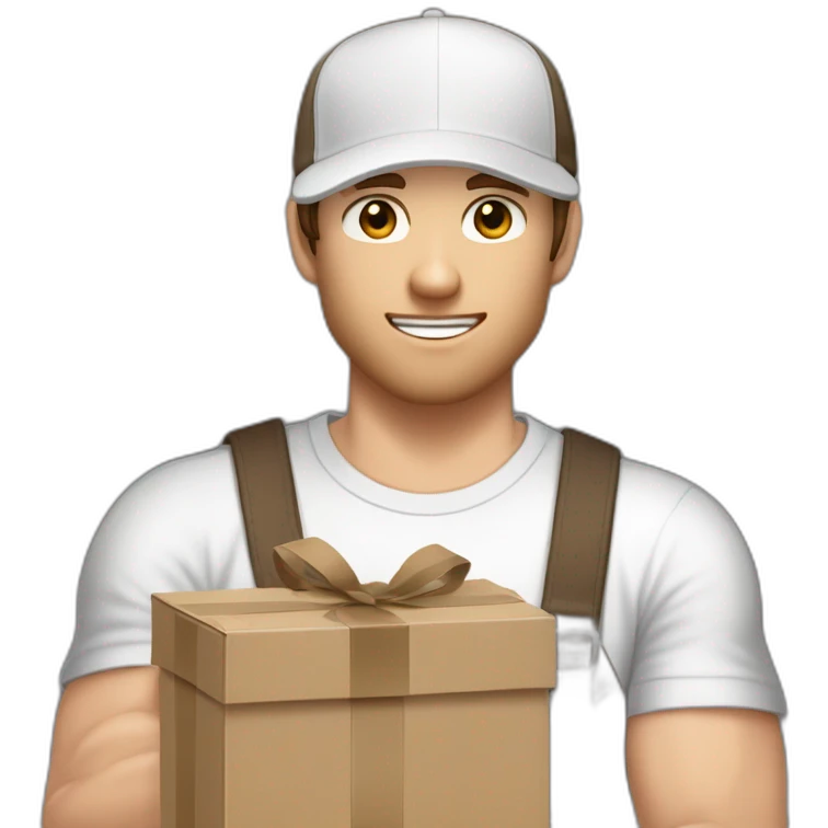 Pale skinned fit Man with dark brown hair in a light gray cap, dark brown jeans, brown polo and white T-shirt keeping a pasted with tape white box into his hands emoji