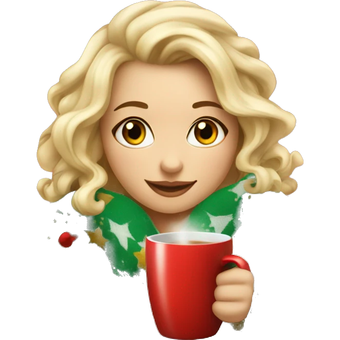 gorgeous girl with blond hair in cute Christmas blanket with mug of hot drink emoji
