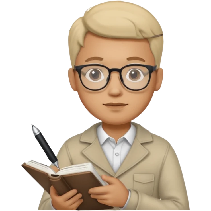 man hold a pen in hand write in book , wearing glasses emoji