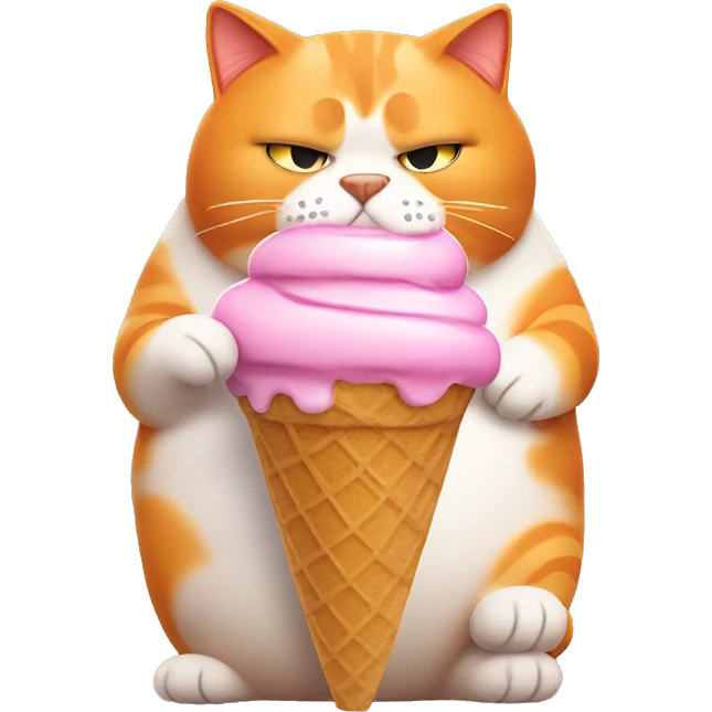 Fat orange cat who is sad eating ice cream cone emoji