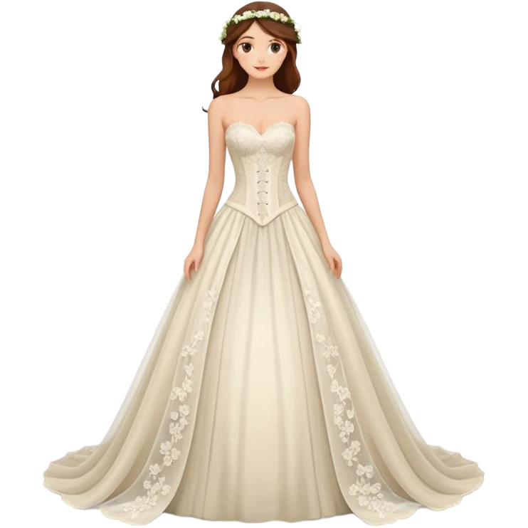 A romantic strapless A-line wedding gown with a sheer lace corset bodice and flowing floral applique skirt. emoji