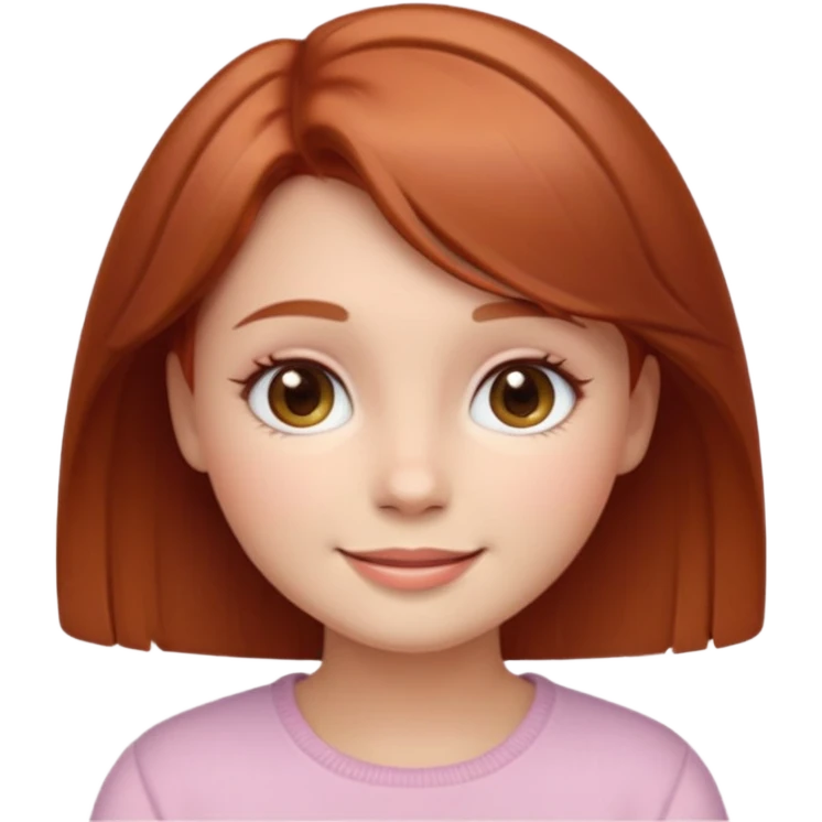 “Cute girly emoji portrait, warm friendly smile, short auburn hair with soft shine, rounded facial features, pastel color palette, subtle blush on cheeks, simplified facial details, soft gradient shading, cozy and feminine emoji style, clean light background. emoji
