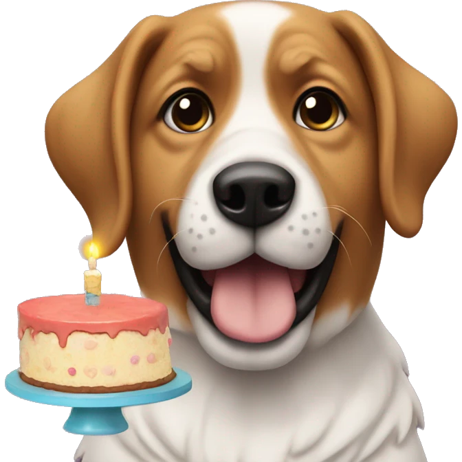 a dog with a cake that says take me back pls emoji