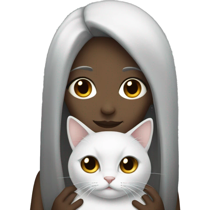 light girl with long dark hair and dark eyes, holding grey and white cat  emoji