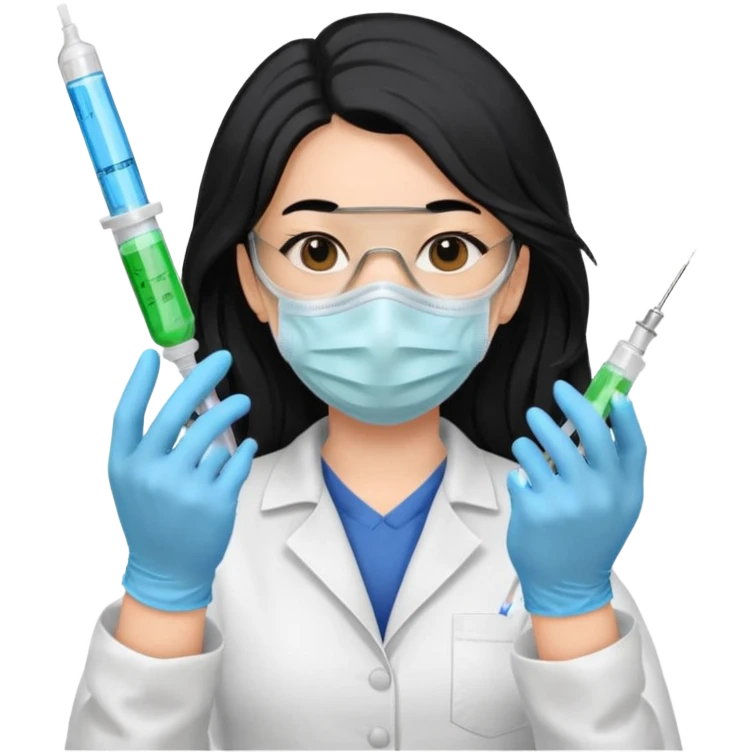 laboratorista con guantes  y mascarilla jeringa tubos  pelo negro largo triguella emoji