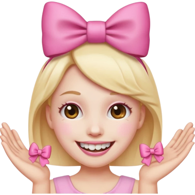 smiling emoji with a pink bow on head and hand placed on the teeth emoji